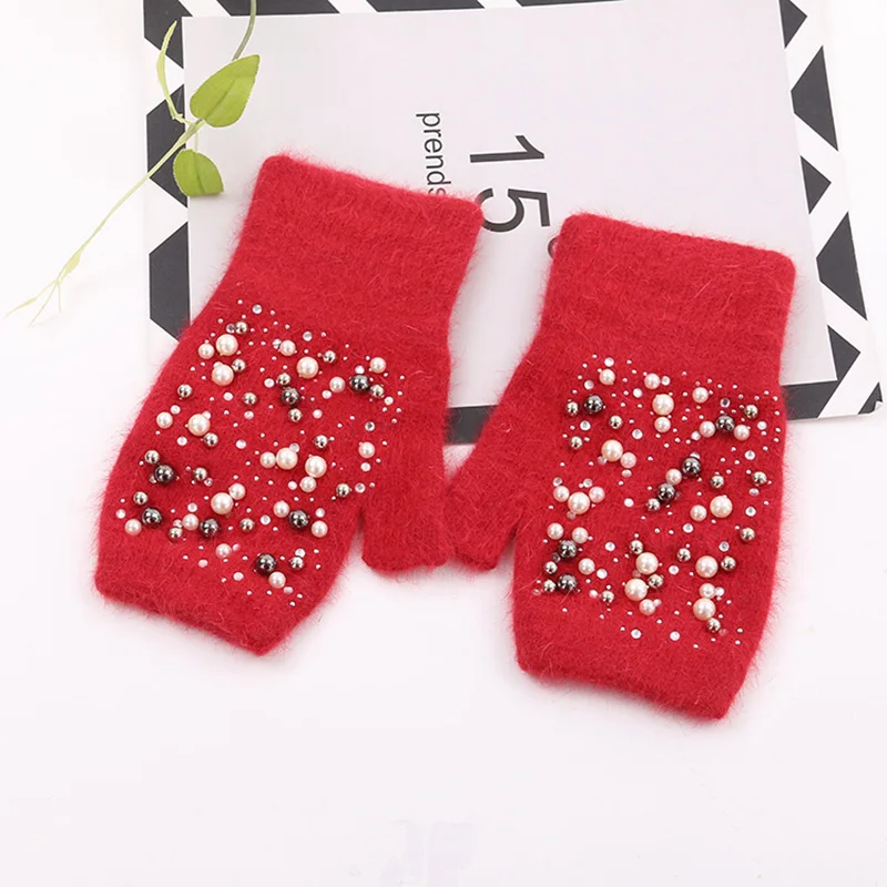 Winter Rabbit Fur Thicken Warm Knit Gloves Fashion Women Elasticity Diamonds Pearl Half Finger Touch Screen Gloves H22