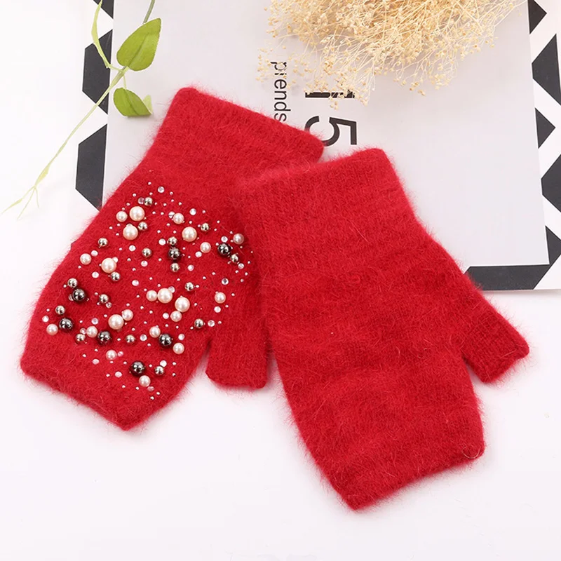 Winter Rabbit Fur Thicken Warm Knit Gloves Fashion Women Elasticity Diamonds Pearl Half Finger Touch Screen Gloves H22