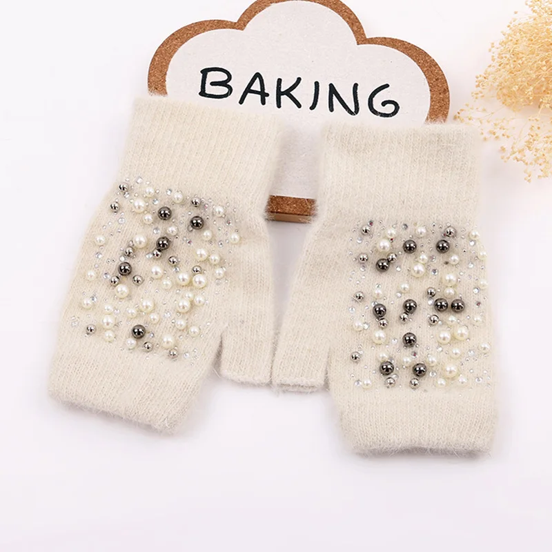 Winter Rabbit Fur Thicken Warm Knit Gloves Fashion Women Elasticity Diamonds Pearl Half Finger Touch Screen Gloves H22