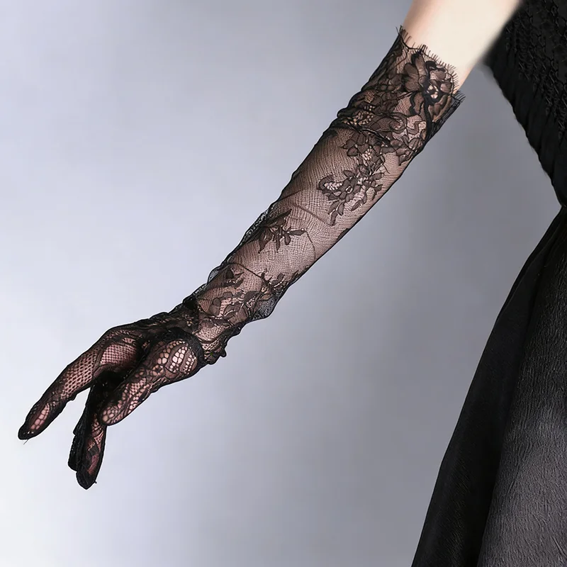 Fairy Long Black Lace Gloves Sexy Mesh Hollow Out Bridal Glove Thin Sunscreen Elbow Gloves Wedding Dress Photography Accessories