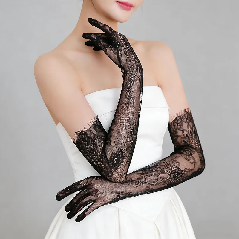 Fairy Long Black Lace Gloves Sexy Mesh Hollow Out Bridal Glove Thin Sunscreen Elbow Gloves Wedding Dress Photography Accessories
