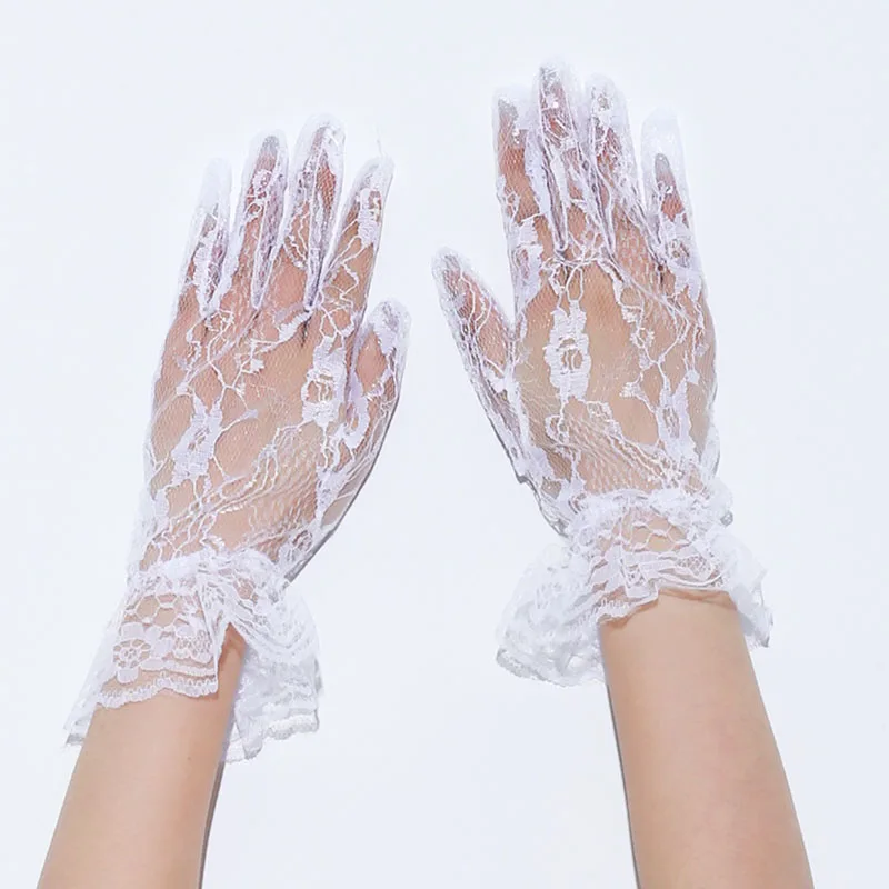 Women Fashion Elegant Lace Wrist Thin Transparent Blue White Black Short Gloves Wedding Dress Music Festival Party Performance