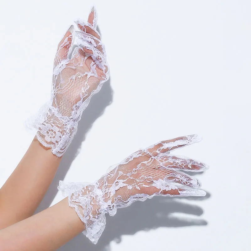 Women Fashion Elegant Lace Wrist Thin Transparent Blue White Black Short Gloves Wedding Dress Music Festival Party Performance