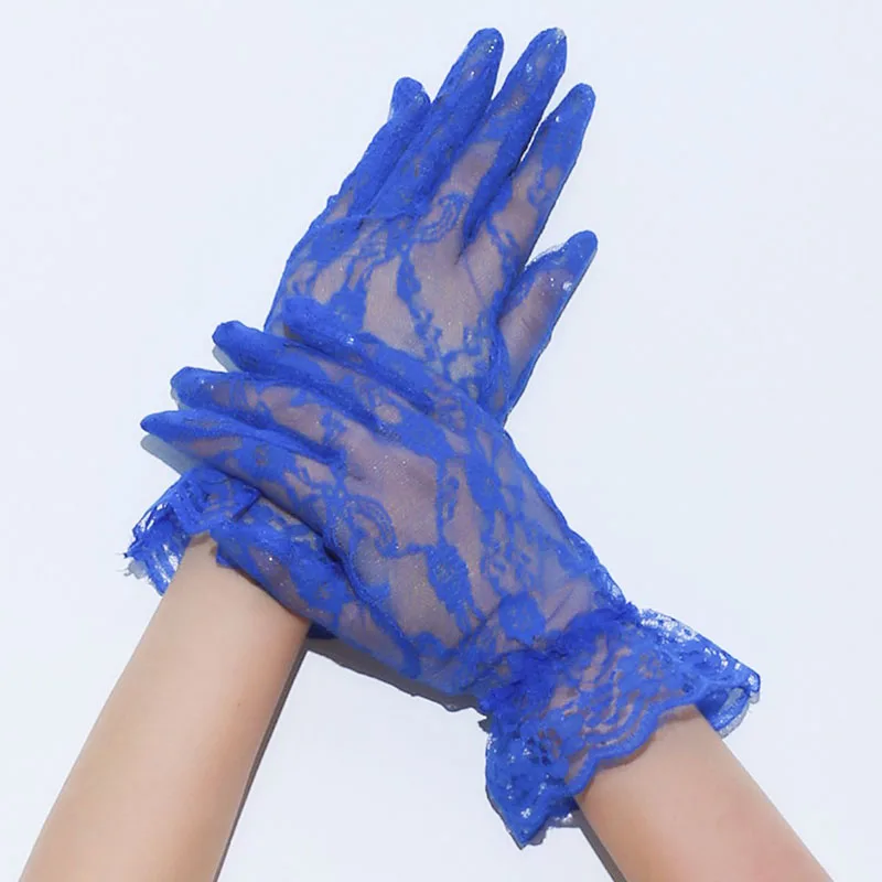 Women Fashion Elegant Lace Wrist Thin Transparent Blue White Black Short Gloves Wedding Dress Music Festival Party Performance