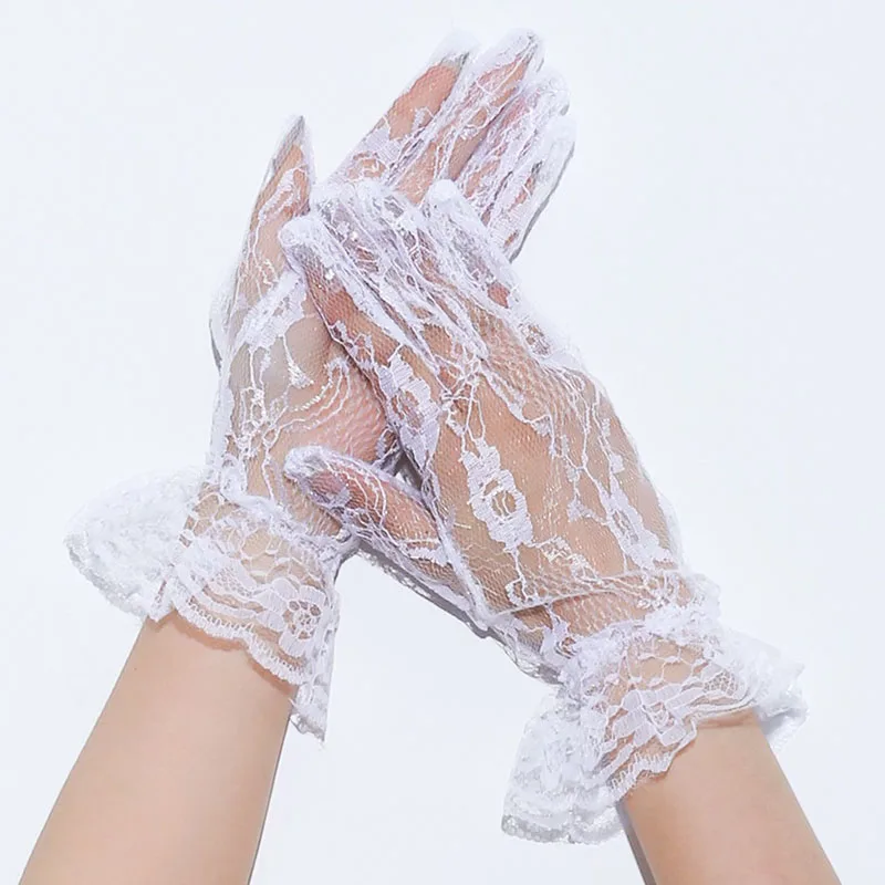 Women Fashion Elegant Lace Wrist Thin Transparent Blue White Black Short Gloves Wedding Dress Music Festival Party Performance