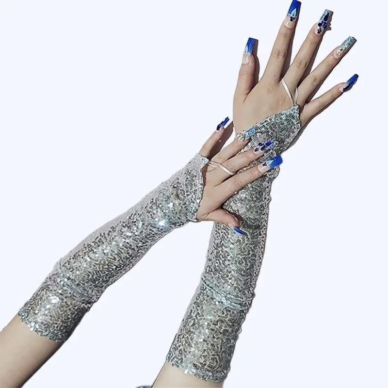 Sexy Glittering Sequin Hook Gloves for Women Cosplay Party Dinner Nightclub Stage Performance Wedding Long Fingerless Gloves