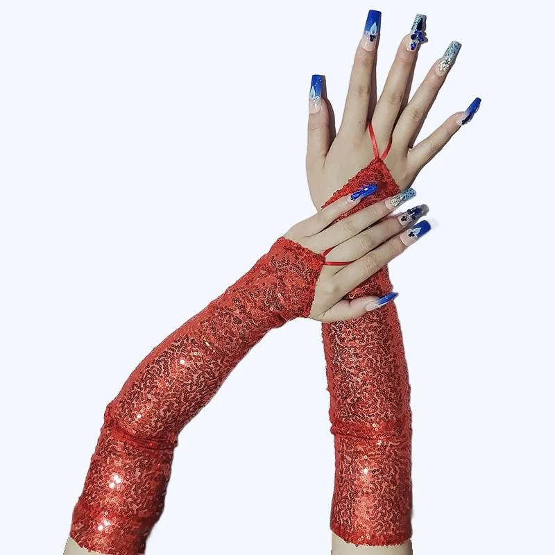 Sexy Glittering Sequin Hook Gloves for Women Cosplay Party Dinner Nightclub Stage Performance Wedding Long Fingerless Gloves
