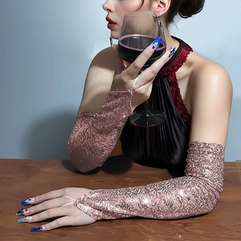 Sexy Glittering Sequin Hook Gloves for Women Cosplay Party Dinner Nightclub Stage Performance Wedding Long Fingerless Gloves
