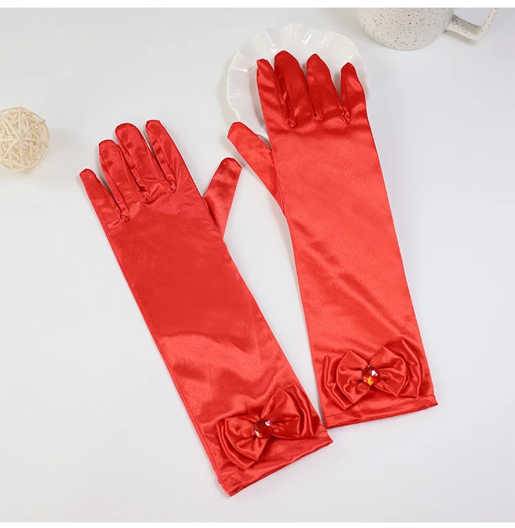 Girls' Princess Lace Gloves with Satin Bow, Long Gloves for Performance Dresses, Satin Gloves