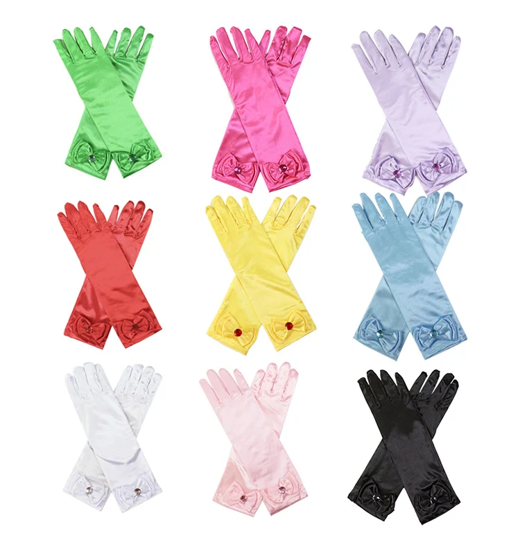 Girls' Princess Lace Gloves with Satin Bow, Long Gloves for Performance Dresses, Satin Gloves