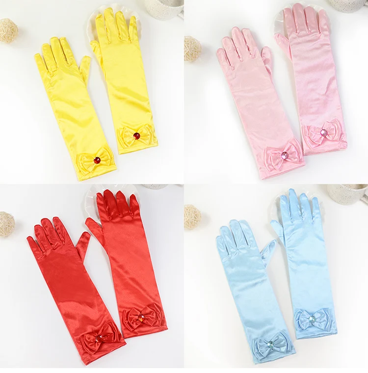 Girls' Princess Lace Gloves with Satin Bow, Long Gloves for Performance Dresses, Satin Gloves
