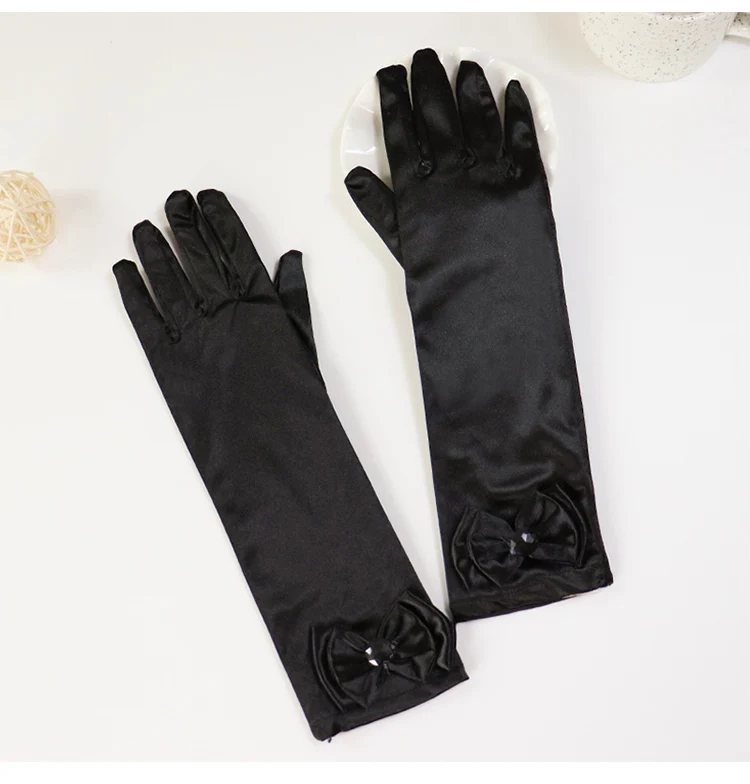 Girls' Princess Lace Gloves with Satin Bow, Long Gloves for Performance Dresses, Satin Gloves