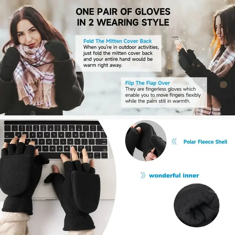 Winter warm Gloves Fingerless Convertible Thermal Mittens Gloves Windproof Polar Fleece Warm men women double-layer Flap Gloves