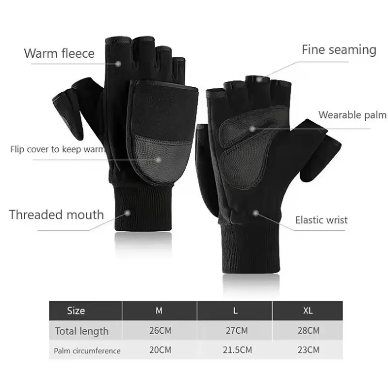 Winter warm Gloves Fingerless Convertible Thermal Mittens Gloves Windproof Polar Fleece Warm men women double-layer Flap Gloves