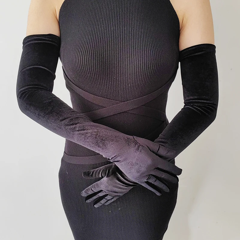 44cm 52cm 65cm Autumn Winter Warm Women Banquet Opera Solid Long Gold Velvet Gloves Retro Elegant Soft Tight Not Bloated Elastic