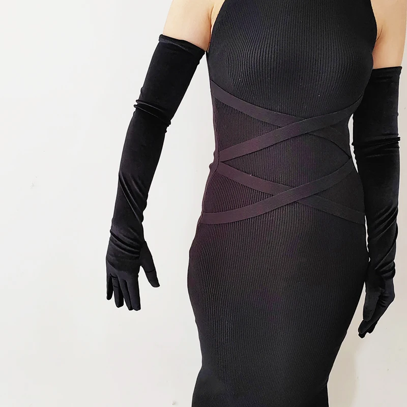 44cm 52cm 65cm Autumn Winter Warm Women Banquet Opera Solid Long Gold Velvet Gloves Retro Elegant Soft Tight Not Bloated Elastic