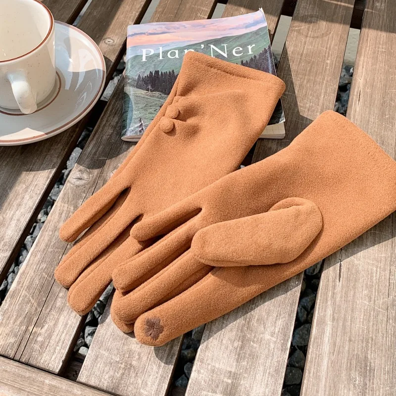 Fashion Simple Style Women Winter Keep Warm Touch Screen Thickened Button Decoration Gloves Outdoor All Match Windproof