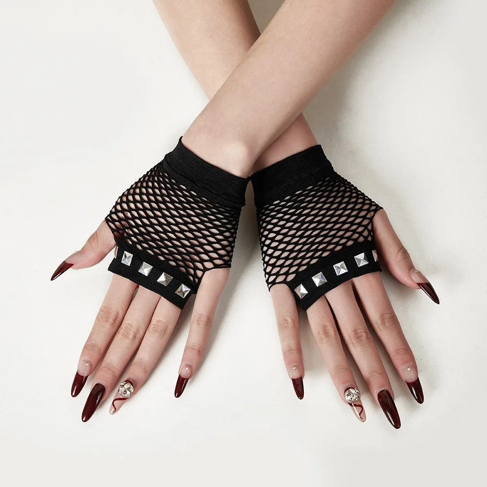 Party Short Diamond Inlaid Gloves European and American Cross-border Half Finger Summer Fishing Net Hollow Gloves