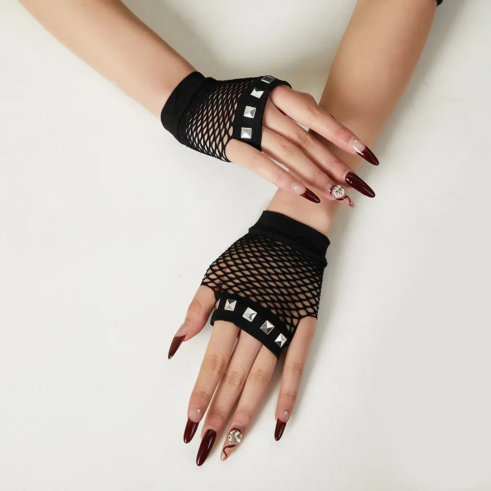 Party Short Diamond Inlaid Gloves European and American Cross-border Half Finger Summer Fishing Net Hollow Gloves
