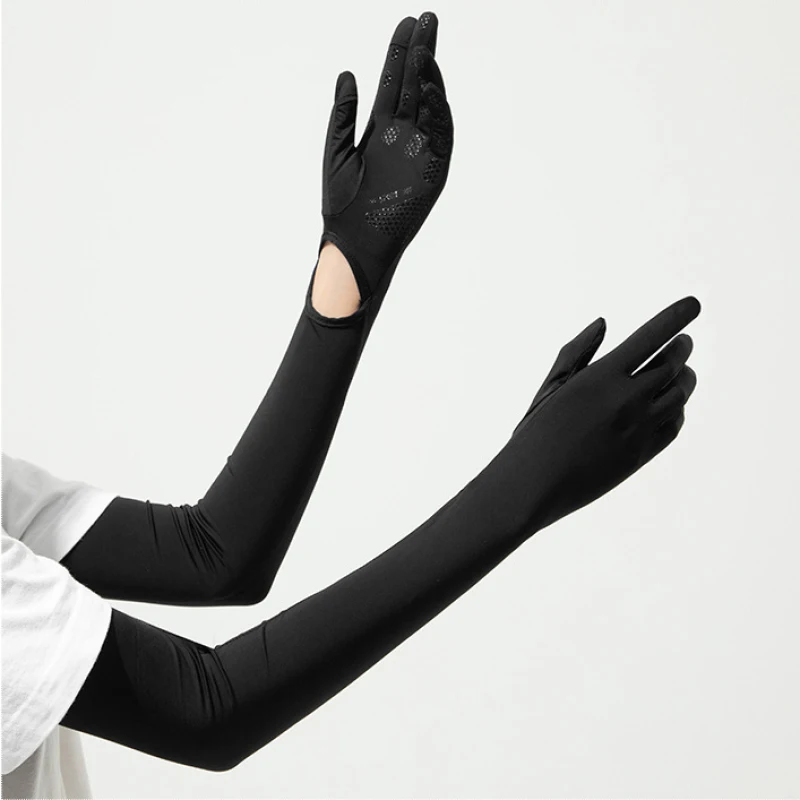 56.5CM Women Summer Ice Silk Sunscreen UV Protection Long Clamshell Gloves Elasticity Antiskid Quick Drying UPF 50+ Adjustable