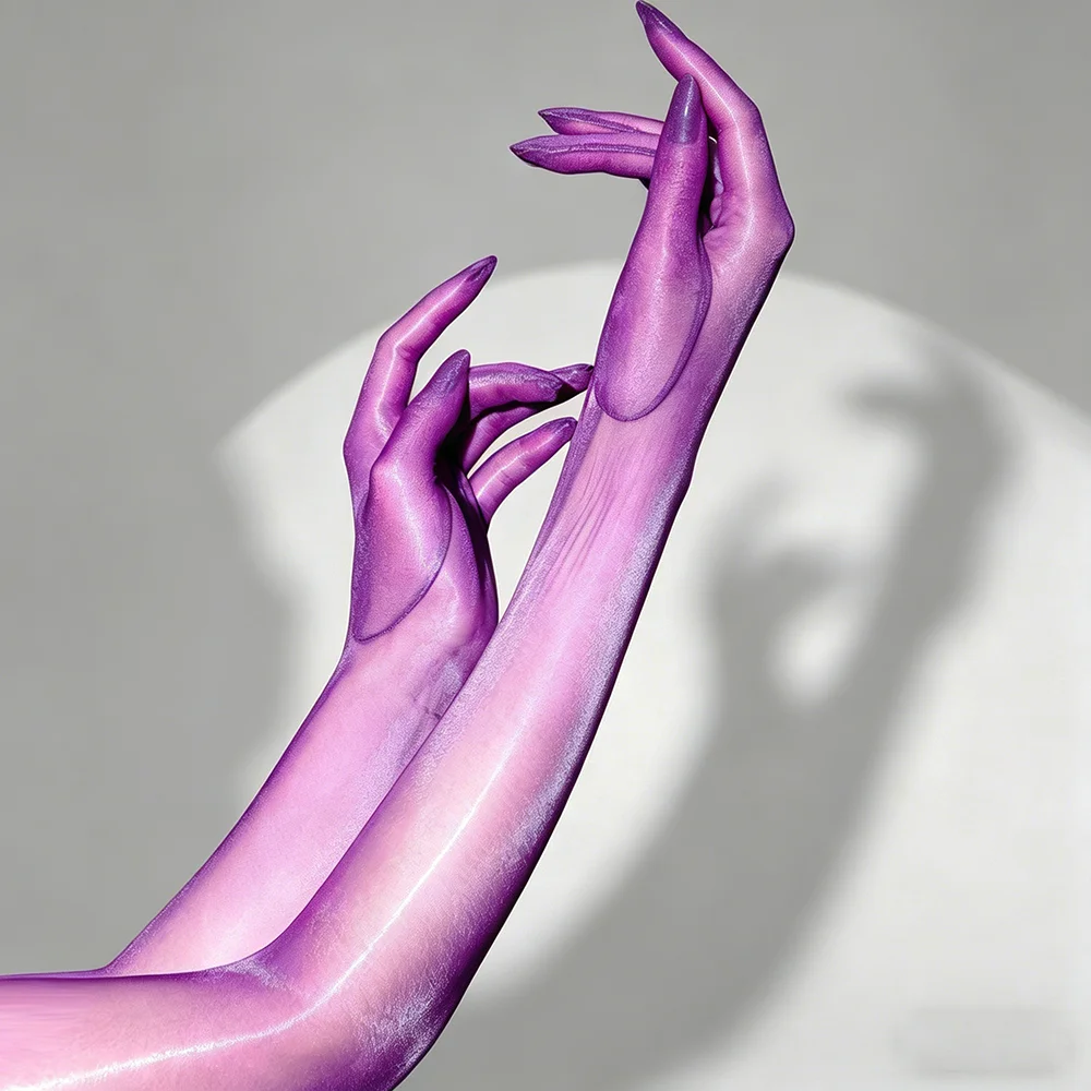 Ultra-thin Sexy Oil Glossy Shiny High Elasticity Solid Nylon Long Five-Finger Gloves Women Aurora Tights Stockings Mittens