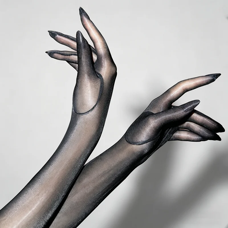 Ultra-thin Sexy Oil Glossy Shiny High Elasticity Solid Nylon Long Five-Finger Gloves Women Aurora Tights Stockings Mittens