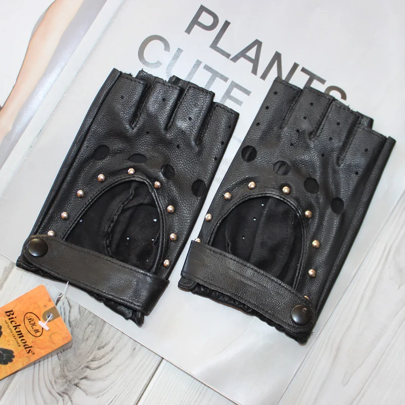 Fashion New Women's Sheepskin Half-Finger Gloves Thin Hollow Unlined Breathable Leather Outdoor Driving Color Gloves Summer