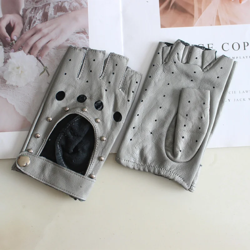 Fashion New Women's Sheepskin Half-Finger Gloves Thin Hollow Unlined Breathable Leather Outdoor Driving Color Gloves Summer