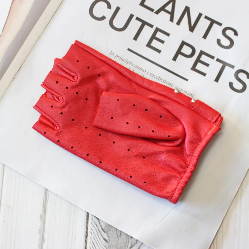 Fashion New Women's Sheepskin Half-Finger Gloves Thin Hollow Unlined Breathable Leather Outdoor Driving Color Gloves Summer