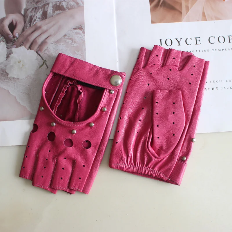 Fashion New Women's Sheepskin Half-Finger Gloves Thin Hollow Unlined Breathable Leather Outdoor Driving Color Gloves Summer