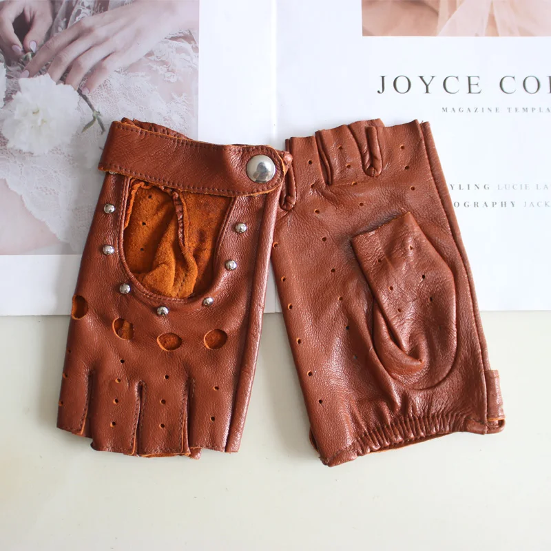 Fashion New Women's Sheepskin Half-Finger Gloves Thin Hollow Unlined Breathable Leather Outdoor Driving Color Gloves Summer