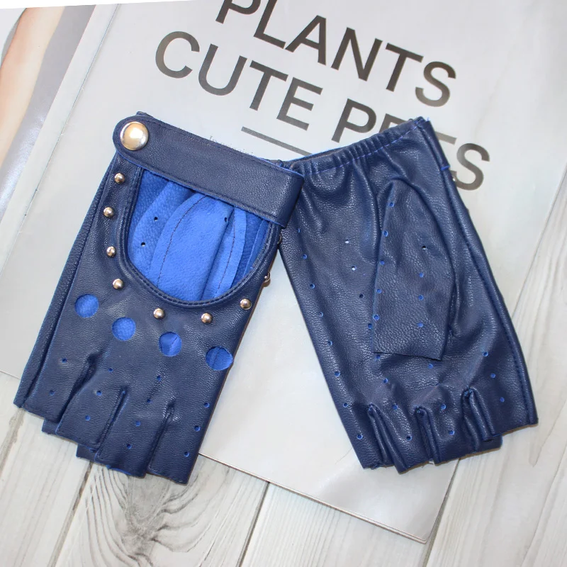 Fashion New Women's Sheepskin Half-Finger Gloves Thin Hollow Unlined Breathable Leather Outdoor Driving Color Gloves Summer