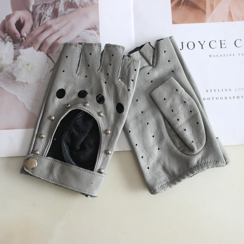 Fashion New Women's Sheepskin Half-Finger Gloves Thin Hollow Unlined Breathable Leather Outdoor Driving Color Gloves Summer