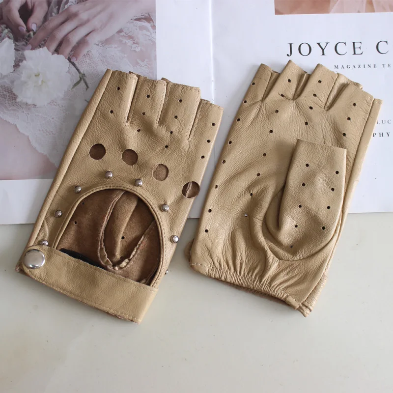 Fashion New Women's Sheepskin Half-Finger Gloves Thin Hollow Unlined Breathable Leather Outdoor Driving Color Gloves Summer