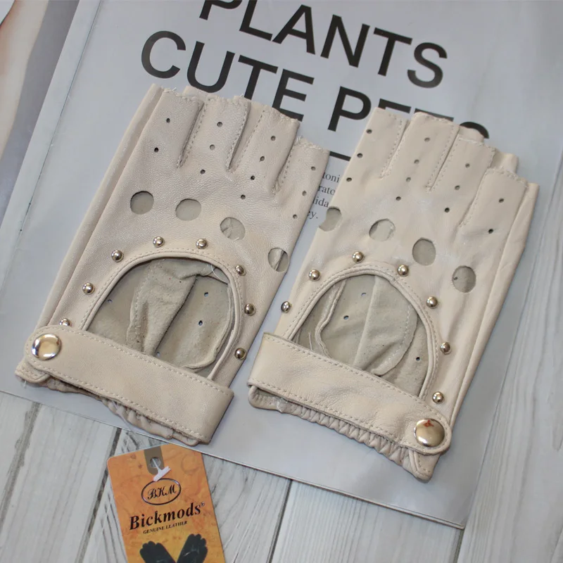 Fashion New Women's Sheepskin Half-Finger Gloves Thin Hollow Unlined Breathable Leather Outdoor Driving Color Gloves Summer