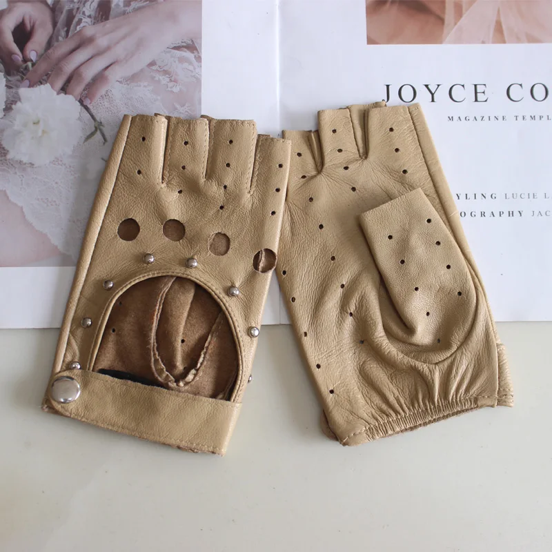 Fashion New Women's Sheepskin Half-Finger Gloves Thin Hollow Unlined Breathable Leather Outdoor Driving Color Gloves Summer