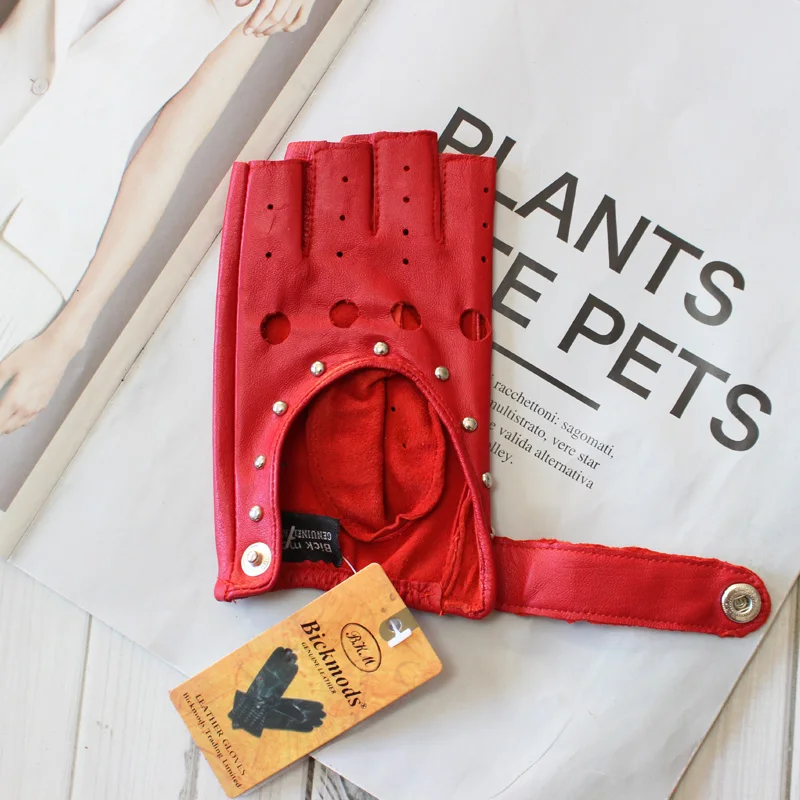 Fashion New Women's Sheepskin Half-Finger Gloves Thin Hollow Unlined Breathable Leather Outdoor Driving Color Gloves Summer