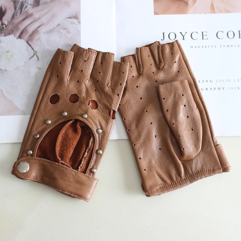 Fashion New Women's Sheepskin Half-Finger Gloves Thin Hollow Unlined Breathable Leather Outdoor Driving Color Gloves Summer