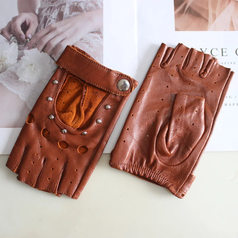 Fashion New Women's Sheepskin Half-Finger Gloves Thin Hollow Unlined Breathable Leather Outdoor Driving Color Gloves Summer