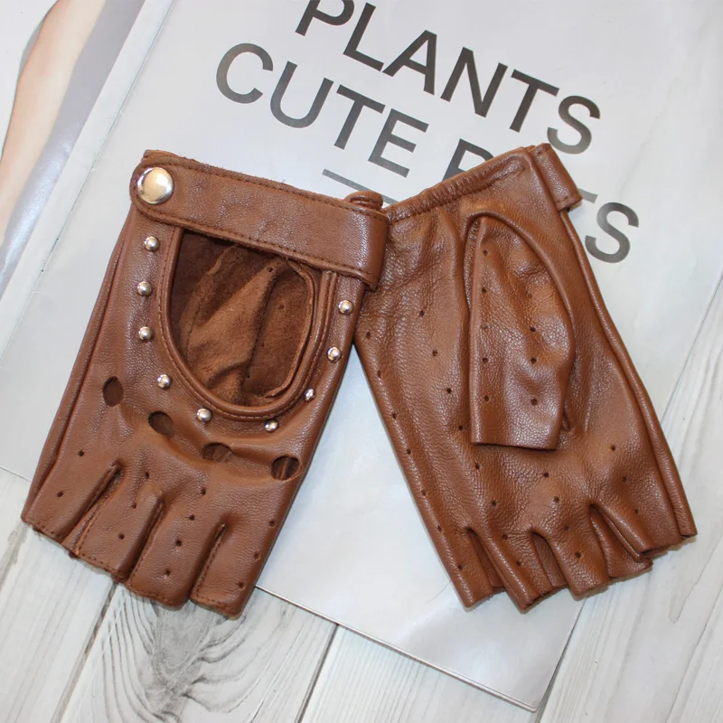 Fashion New Women's Sheepskin Half-Finger Gloves Thin Hollow Unlined Breathable Leather Outdoor Driving Color Gloves Summer