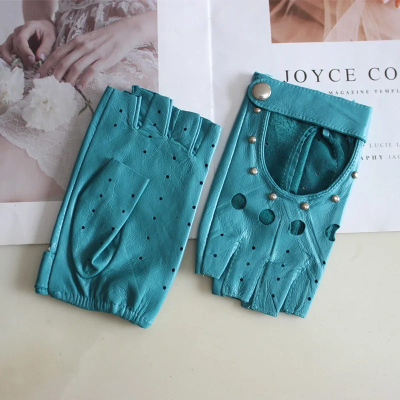Fashion New Women's Sheepskin Half-Finger Gloves Thin Hollow Unlined Breathable Leather Outdoor Driving Color Gloves Summer