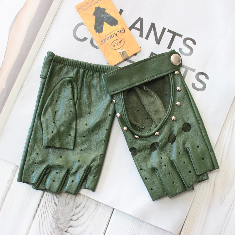 Fashion New Women's Sheepskin Half-Finger Gloves Thin Hollow Unlined Breathable Leather Outdoor Driving Color Gloves Summer