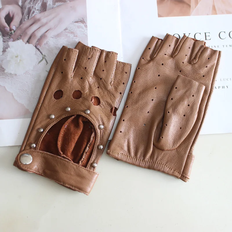 Fashion New Women's Sheepskin Half-Finger Gloves Thin Hollow Unlined Breathable Leather Outdoor Driving Color Gloves Summer