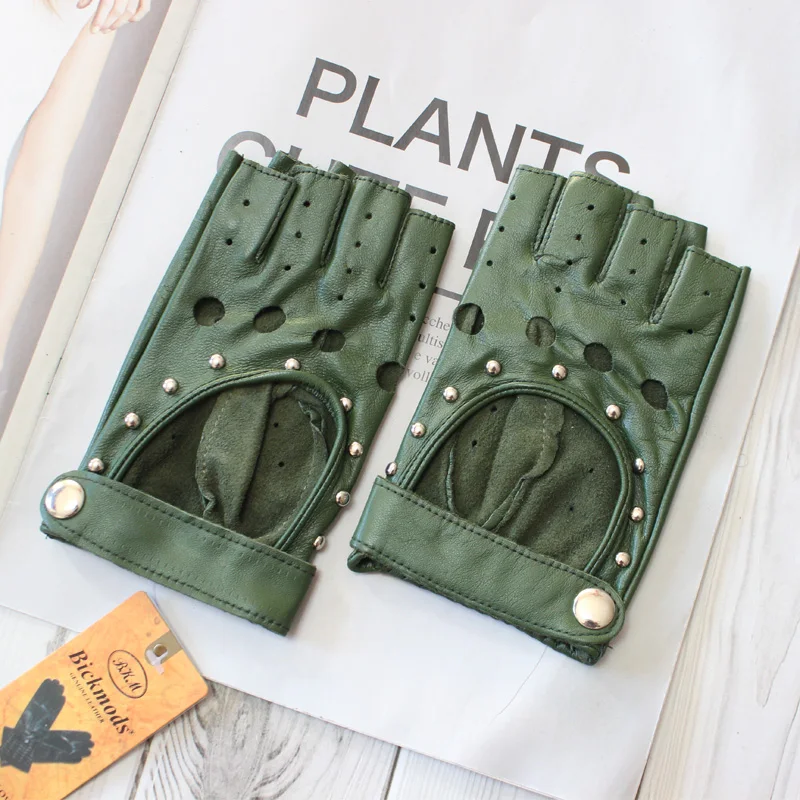 Fashion New Women's Sheepskin Half-Finger Gloves Thin Hollow Unlined Breathable Leather Outdoor Driving Color Gloves Summer