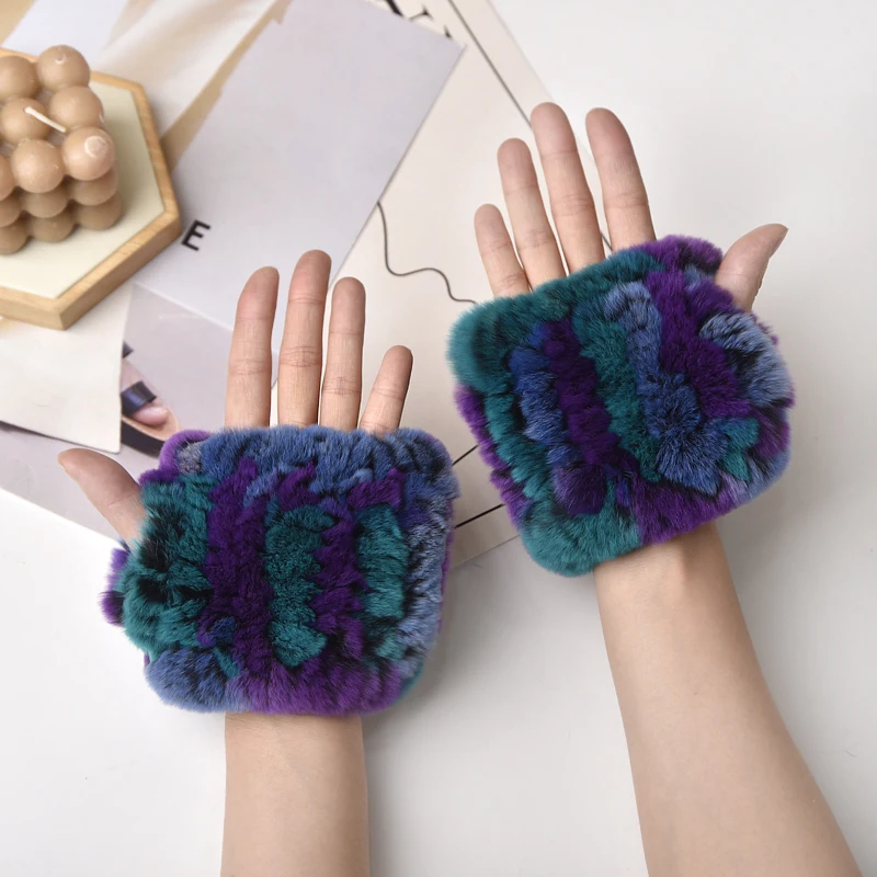 Women Natural Rex Rabbit Fur Gloves Elastic Knitted Real Rex Rabbit Fur Mittens Winter Girls Wrist Guards Warm Exposed Fingers