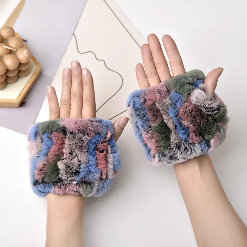 Women Natural Rex Rabbit Fur Gloves Elastic Knitted Real Rex Rabbit Fur Mittens Winter Girls Wrist Guards Warm Exposed Fingers