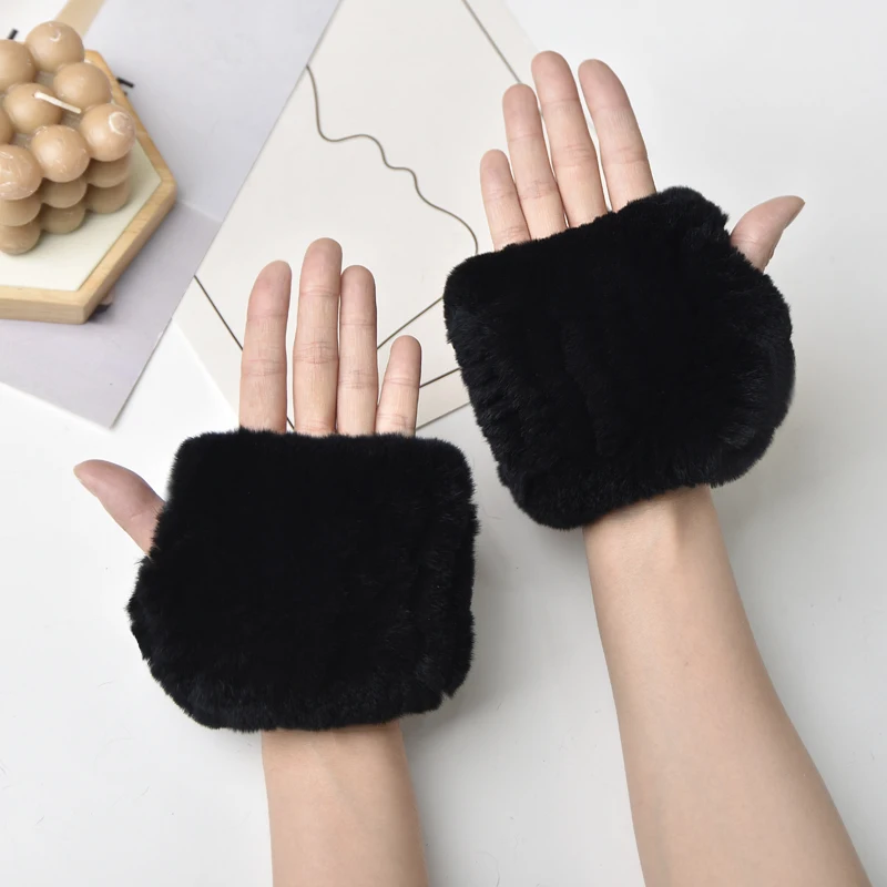 Women Natural Rex Rabbit Fur Gloves Elastic Knitted Real Rex Rabbit Fur Mittens Winter Girls Wrist Guards Warm Exposed Fingers