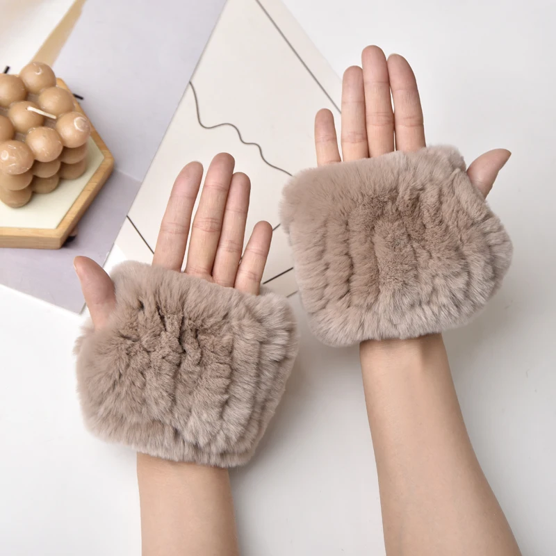 Women Natural Rex Rabbit Fur Gloves Elastic Knitted Real Rex Rabbit Fur Mittens Winter Girls Wrist Guards Warm Exposed Fingers