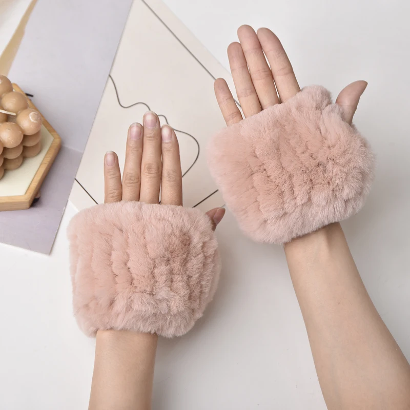 Women Natural Rex Rabbit Fur Gloves Elastic Knitted Real Rex Rabbit Fur Mittens Winter Girls Wrist Guards Warm Exposed Fingers