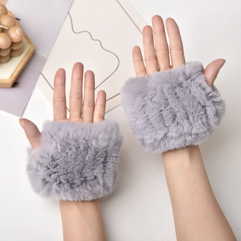 Women Natural Rex Rabbit Fur Gloves Elastic Knitted Real Rex Rabbit Fur Mittens Winter Girls Wrist Guards Warm Exposed Fingers